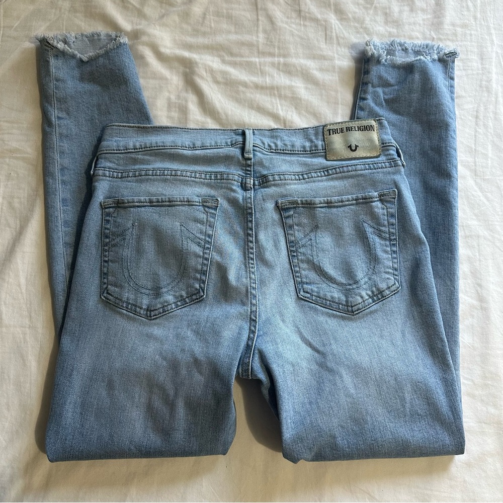 True Religion Light Wash Skinny Jeans with Frayed Ankles